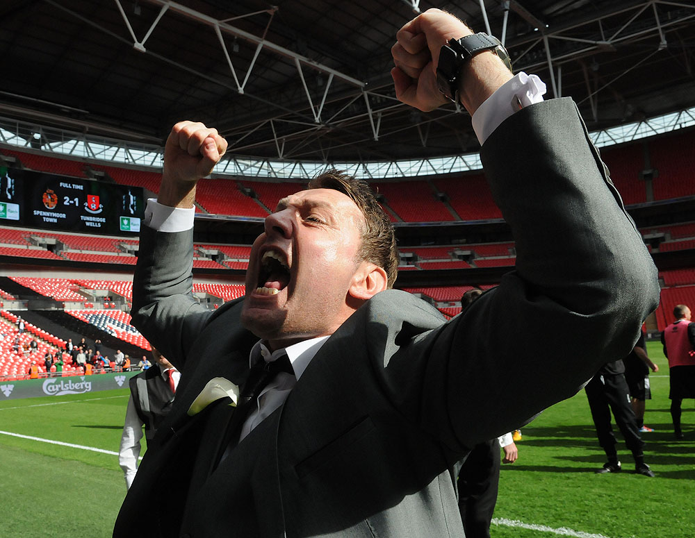 Spennymoor Town Manager Jason Ainsley  celebrates winning the FA Vase - Spennymoor Town vs Tunbridge Wells - FA Challenge Vase Final at Wembley Stadium, London - 04/05/13 - MANDATORY CREDIT: Steven White/ImagesBySW - info@imagesbysw.com - NO UNPAID USE