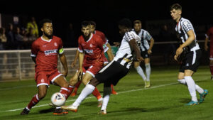 Jude Oyibo fires a shot on goal for Spennymoor against Alfreton