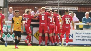 Jude Oyibo celebrates his goal for Spennymoor Town at Leamington