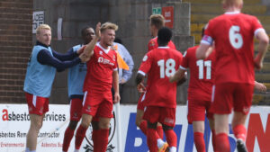 Jordan Thewlis celebrates his goal for Spennymoor at Hereford