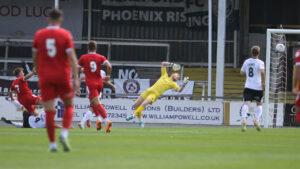 Spennymoor Town's Jordan Thewlis scores his first goal in the game at Hereford
