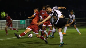 Spennymoor Town's Charlie Watt gets in a shot on goal against Alfreton Town