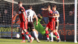 Brad Gascoigne scores for Kettering against Spennymoor