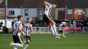 Spennymoor Town striker Glen Taylor celebrates his goal against Banbury United