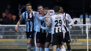 Paul Blackett celebrates his goal for Spennymoor Town against Runcorn Linnets