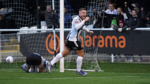 Spennymoor Town's Paul Blackett celebrates his goal against Runcorn Linnets