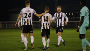 Spennymoor's Riley Mouat celebrates his goal against Chester-le-Street United