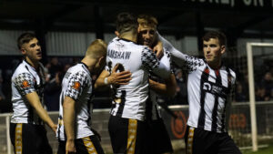 The Spennymoor Town players celebrate Glen Taylor's goal against Boston United