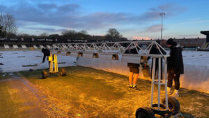 Heat lamps on the pitch at Spennymoor Town