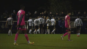 The Spennymoor Town players celebrate Joe Tait's winner against Boston United
