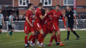 Spennymoor Town players celebrate Reece Kendall's goal against Blyth Spartans