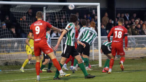 Reece Kendall scores for Spennymoor Town against Blyth Spartans