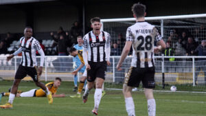 Reece Kendall celebrates scoring for Spennymoor Town against Bradford (Park Avenue)
