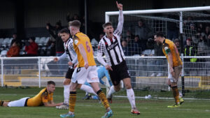Spennymoor Town's Reece Kendall celebrates his goal against Bradford (Park Avenue)