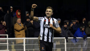 Spennymoor Town striker Glen Taylor celebrates his goal against Bradford (Park Avenue)