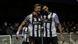 Glen Taylor and Callum Ross celebrate a goal against Bradford (Park Avenue)