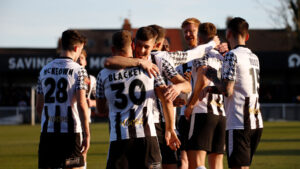 Spennymoor Town players celebrate Paul Blackett's goal against Kidderminster Harriers