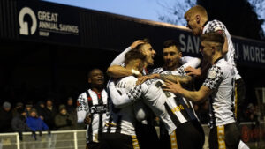 Spennymoor Town players celebrate a goal against Bradford (Park Avenue)