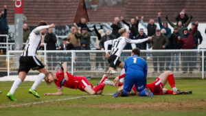Connor Shanks scores for Spennymoor Town against Scarborough Athletic