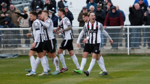 Spennymoor Town players celebrate Connor Shanks' goal against Scarborough Athletic
