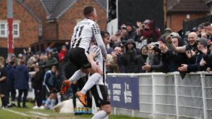 Spennymoor Town's Joe Tait celebrates his goal against Brackley Town