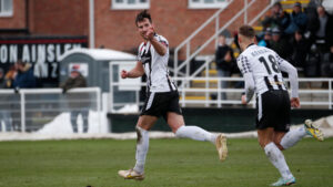 Joe Tait celebrates his goal for Spennymoor Town against Peterborough Sports