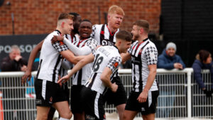 Spennymoor Town players celebrate Glen Taylor's goal against Chorley