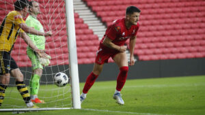Rob Ramshaw scores for Spennymoor Town against Hebburn Town