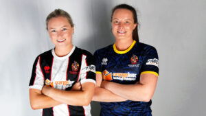 Ladies players Coral and Autumn Colledge model Spennymoor Town's 2023/24 kits