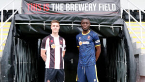 Michael Ledger and Lebrun Mbeka model Spennymoor Town's 2023/24 kit