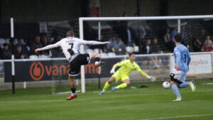 Spennymoor Town striker Will Harris scores in the win over Southport
