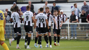 Spennymoor Town players celebrate the goal against Bishop's Stortford