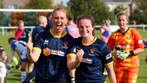 Spennymoor Town Ladies players Neve Jackson and Autumn Colledge celebrate the win over Hartlepool United