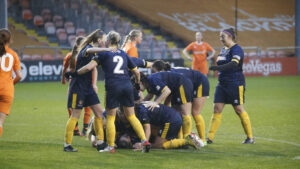 Spennymoor Town Ladies celebrate the winning goal at Blackpool
