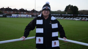 Spennymoor Town hat and scarf modelled by Paul Coombes