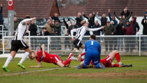 Spennymoor Town attacker Connor Shanks celebrates his goal against Scarborough Athletic