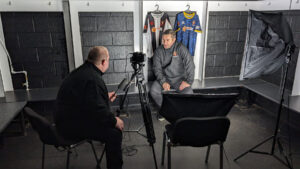 New Spennymoor Town boss Graeme Lee conducts an interview