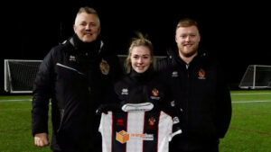 Spennymoor Town Ladies management team Brent Smithson and Billy Shackleton with new signing Lauren Gray