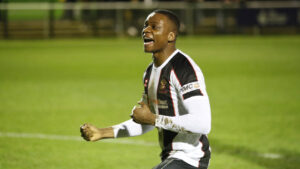 Spennymoor Town's John Lufudu celebrates victory over Warrington Town