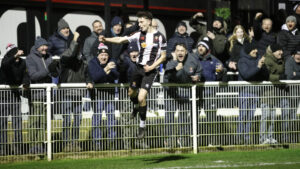 Spennymoor Town winger Corey McKeown celebrates his goal against Scunthorpe United