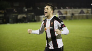 Spennymoor Town midfielder Rob Ramshaw celebrates the win over Alfreton Town