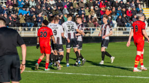 Spennymoor Town midfielder Callum Ross celebrates his goal against Gloucester City