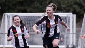 Spennymoor Town Ladies striker Caitlin Bates celebrate a goal against Hartlepool United
