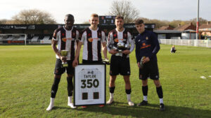 Lebrun Mbeka, Glen Taylor, Reece Staunton and Corey McKeown with their 2023/24 Spennymoor Town awards