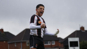 Spennymoor Town midfielder Rob Ramshaw celebrates his goal against Farsley Celtic