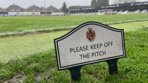 A 'Keep Off The Pitch' sign at Spennymoor Town