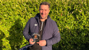 Spennymoor Town boss Graeme Lee with his Manager of the Month award