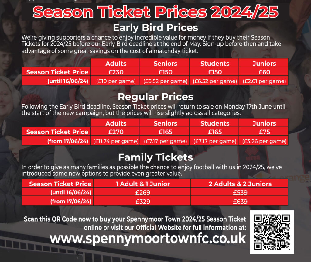 Spennymoor Town Season Ticket prices 2024/25