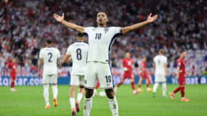 Jude Bellingham celebrates a goal for England