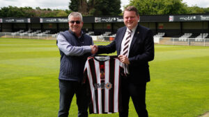 Bobby Taylor and Ian Geldard with Spennymoor Town's new home shirt